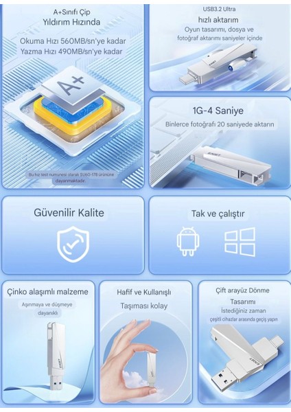 256Gb.Type-C ve USB 3.2 Type-C Girişli Tüm Cihazlara İphone Serisine Uygun ve İphone Dönüştürücü Hediye Yüksek Hızlı Usb Otg Flash Bellek Çift Giriş Metal Sağlam Orjinal