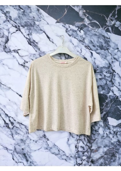 Krem Bisiklet Yaka Crop Top Oversize Kadın Basic Tişört