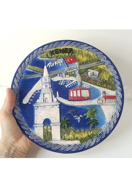Seramik Biblo Tabak Kule Bayrak Kaplumbağa Palmiye Ağaç Deniz Tatil Duvar Masa Süsü 24 cm