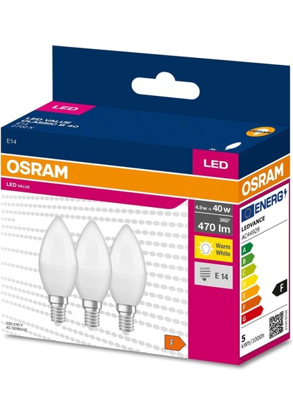4,9 Watt E-14 İnce Duy Buji LED Ampul 3'lü Paket
