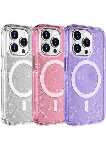 - iPhone 15 Pro Max - Kılıf Magsafe Şarj Özellikli Parlayan Simli Saydam Renkli Allstar Kapak - Pembe