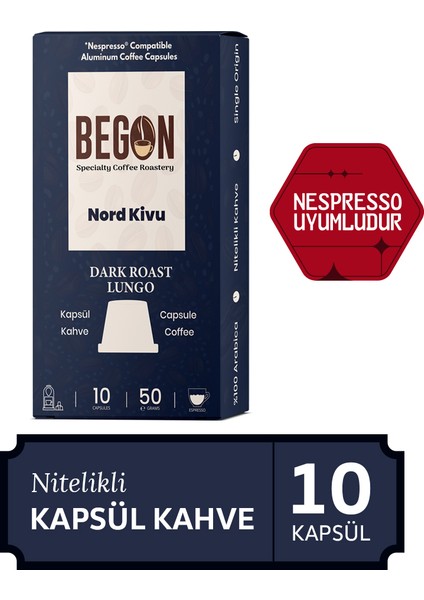 Nord Kivu Nespresso Uyumlu Alüminyum Kapsül Kahve Dark Roast (LUNGO) - 10 Adet