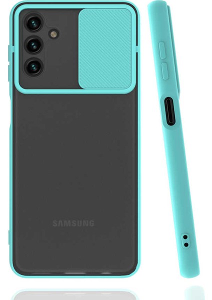 - Samsung Galaxy A13 5G - Kılıf Slayt Sürgülü Arkası Buzlu Lensi Kapak - Turkuaz - T19684