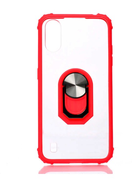 - Samsung Galaxy A01 - Kılıf Yüzüklü Arkası Şeffaf Koruyucu Mola Kapak - Kırmızı - T12954