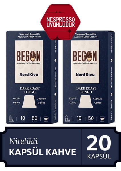 Nord Kivu Nespresso Uyumlu Alüminyum Kapsül Kahve Dark Roast (LUNGO) - 20 Adet