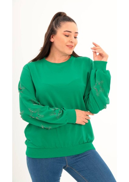 Kadın Büyük Beden Yıldızlı Taş Baskılı Sweatshirt