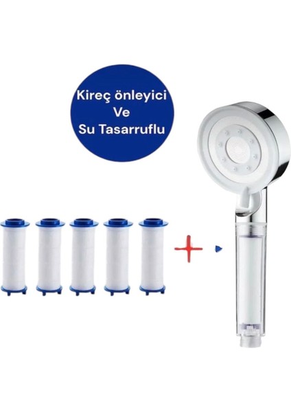 Su Tasarruflu Kireç Önleyici Özellikli 5 Adet Yedek Filtreli Krom Renk Duş Başlığı