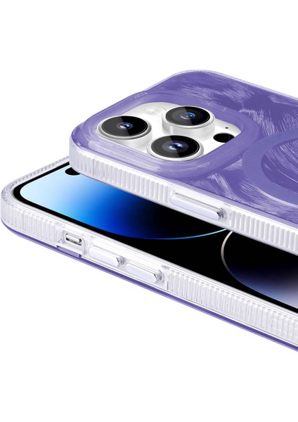 - Apple iPhone 14 Pro - Kılıf Magsafe Şarj Özellikli Fırça Boya Desenli Palet Kapak - Mor - T32139