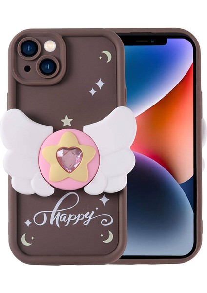 - Apple iPhone 14 - Kılıf Kamera Korumalı Figür Tasarımlı Kapya Kapak - Koyu Kahve - T32463
