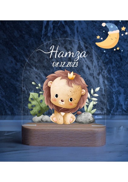 Aslanlı Erkek Çocuk Gece Lambası Hoş Geldin Ahşap Gece Lambası ,Yeni Doğan Çocuk Odası Gece Lambası
