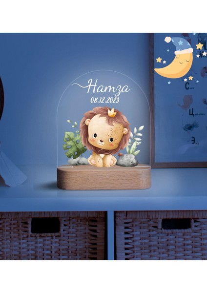 Aslanlı Erkek Çocuk Gece Lambası Hoş Geldin Ahşap Gece Lambası ,Yeni Doğan Çocuk Odası Gece Lambası