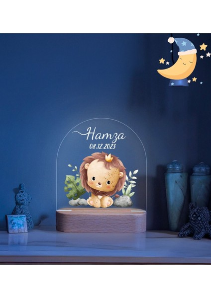 Aslanlı Erkek Çocuk Gece Lambası Hoş Geldin Ahşap Gece Lambası ,Yeni Doğan Çocuk Odası Gece Lambası