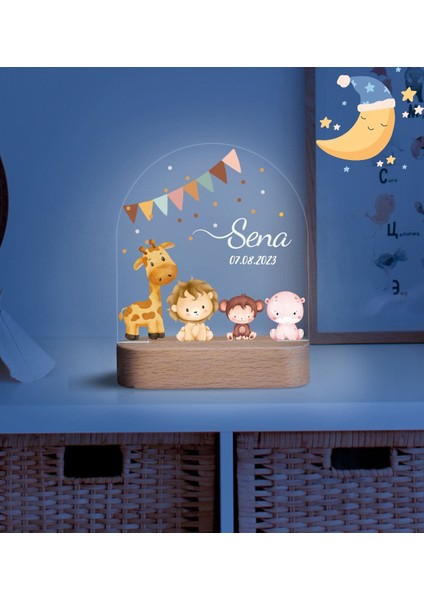 Kız Çocuk Ve Ahşap Gece Lambası ,Yeni Doğan Çocuk Odası Gece Lambası
