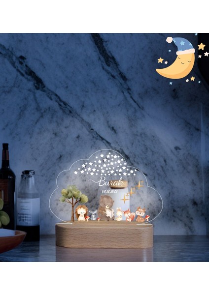 Bulut Detaylı Erkek/Kız Çocuk , Hoş Geldin Ahşap Gece Lambası ,Yeni Doğan Çocuk Odası Gece Lambası