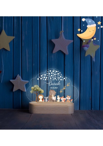 Bulut Detaylı Erkek/Kız Çocuk , Hoş Geldin Ahşap Gece Lambası ,Yeni Doğan Çocuk Odası Gece Lambası