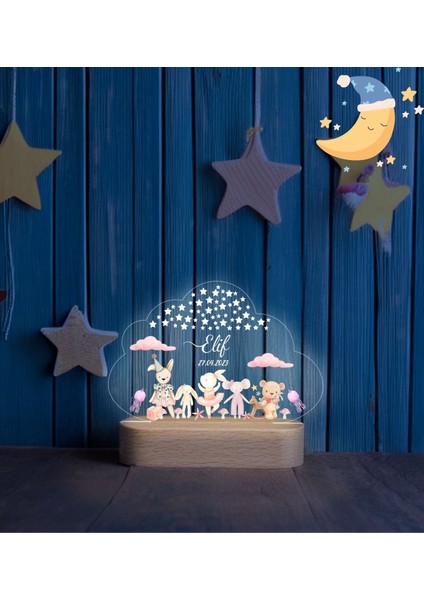 Vera Kids Bulut Detaylı Kız Çocuk , Hoş Geldin  Ahşap Gece Lambası ,Yeni Doğan  Çocuk Odası Gece Lambası