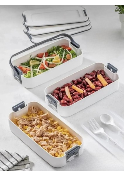 3 Katlı Taşınabilir Yemek Kabı Çatal Kaşıklı Gri
