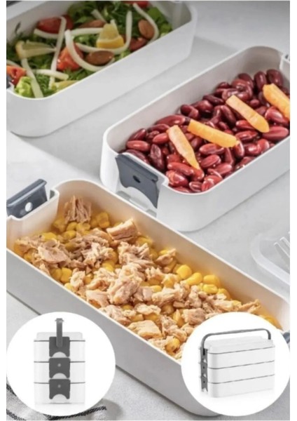 3 Katlı Taşınabilir Yemek Kabı Çatal Kaşıklı Gri fiyatları