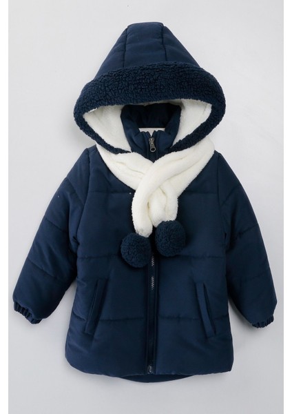 Yeni Sezon Içi Kürklü Cepli Kapüşonu Varaklı Kaşkolu Ponponlu Kışlık Çocuk Kaban-Mont