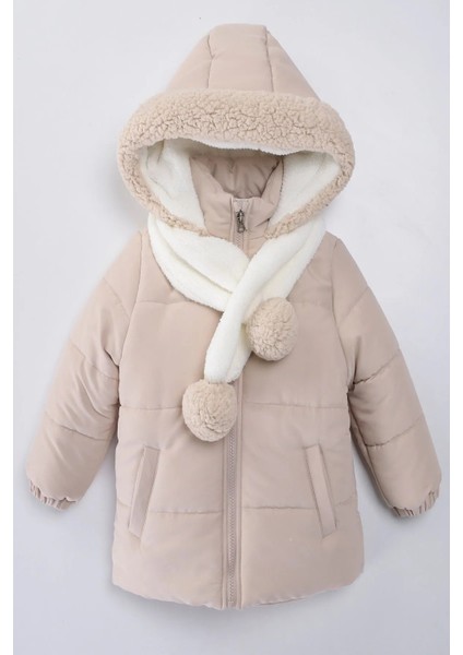 Yeni Sezon Içi Kürklü Cepli Kapüşonu Varaklı Kaşkolu Ponponlu Kışlık Çocuk Kaban-Mont