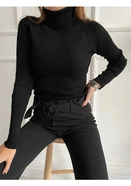 Kadın Boğazlı Şardonlu Kaşkorse Kurtarıcı Siyah Fitilli Body Kazak