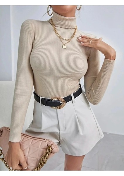 Kadın Boğazlı Şardonlu Kaşkorse Kurtarıcı Siyah Fitilli Body Kazak