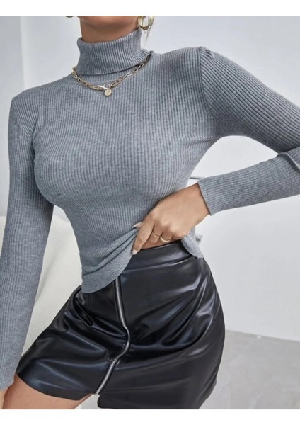 Kadın Boğazlı Şardonlu Kaşkorse Kurtarıcı Siyah Fitilli Body Kazak