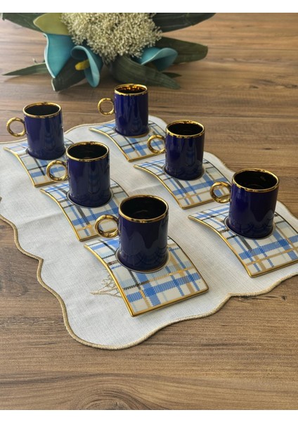 Meri Home Burbery Blue Türk Kahve Fincan Takımı 6 Kişilik 12 Parça