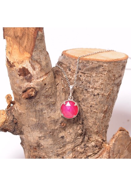 Pembe Akik Taşı Gümüş Kolye - Dolunay Model