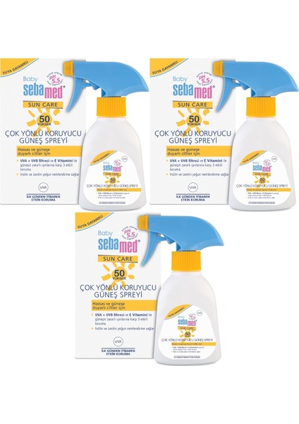 Sun Care Bebek Güneş Losyonu Kremi Sprey 50+ Faktör 200 ml Hassas Ciltler İçin 3'lü Set