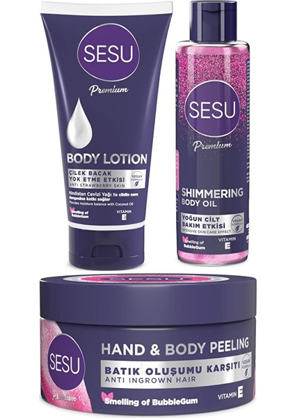 Vücut Losyonu 175 ml Vücut Peelingi 250 ml - Simli Cilt Bakım Yağı 150 ml Karma 3'lü Set
