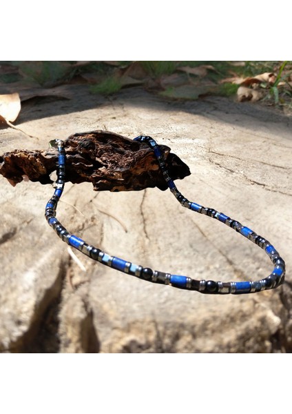 Lapis Lazuli Doğal Taşı Erkek Uzun Kolye (51 Cm) -Lapis Lazuli Hematit Güç ve Denge Kolyesi