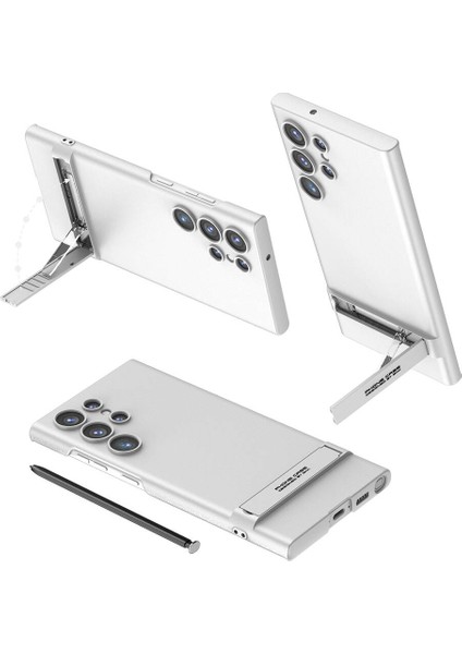 Samsung Galaxy S24 Ultra Kılıf Kamera Korumalı Dikey Standlı Ays Kapak - Gümüş