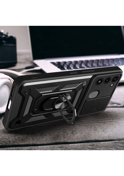 Tecno Spark 8c Kılıf Stand Olan Kamera Korumalı Sürgülü Vega Kapak - Siyah