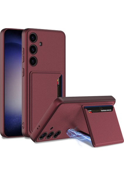 - Samsung Galaxy S24 Plus - Kılıf Suni Deri Arka Yüzey Kartlıklı Kıpta Silikon Kapak - Mürdüm - T30545