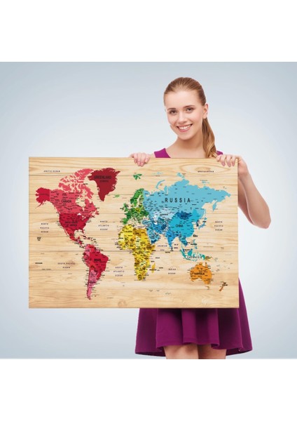 Ahşap Görünümlü Dünya Haritası Ayrıntılı ve Dekoratif Kanvas Tablo 1812 fırsatları