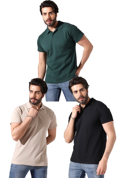 Erkek 3'lü Set Polo Yaka Kısa Kollu Yazlık T-Shirt