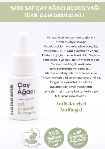 %100 Saf Çay Ağacı Uçucu Yağı Aromaterapi Yağı Difüzör Kokusu 15 ml