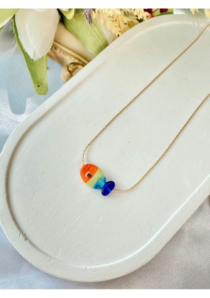 Altın Kaplama Zincirli Murano Cam Gökkuşağı Balık Kolye