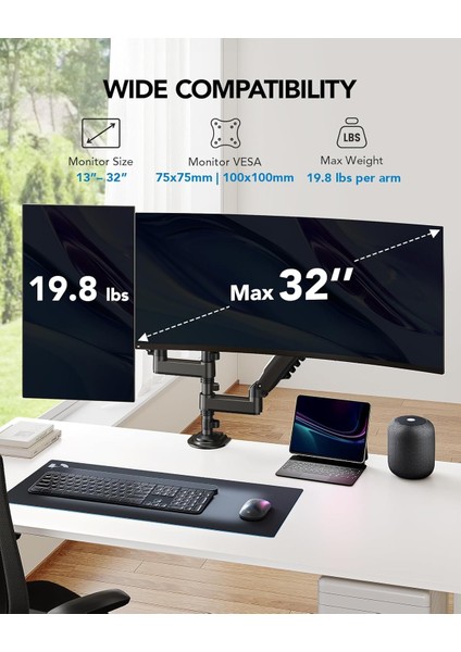 Hnds8 Çift Kol 13"-32" Amortisörlü 2-9 kg Profosyonel & Oyuncu Monitör Standı modelleri