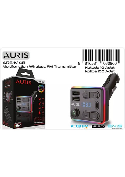 Ars-M48 Bluetooth/Usb Fm 2Usb+Pd Rgb Fm Transmitter Kumand