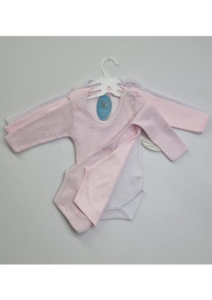 Uzun Kollu 3'lü Body Pamuklu Çizgili Çıtçıtlı Zıbın Pembe