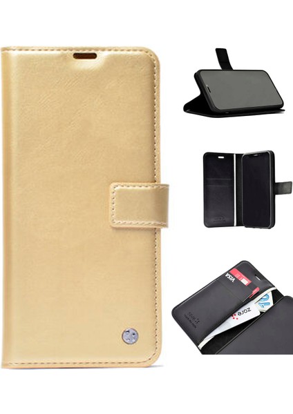 Samsung Galaxy S24 Kılıf 360 Full Koruma Kapakli Kartlikli Kart Bölmeli Cüzdan Kilif - Gold
