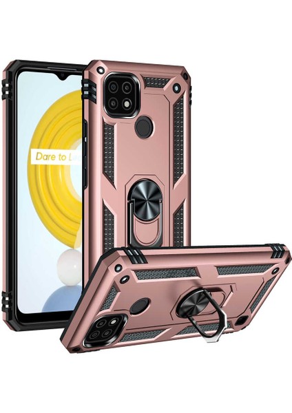 Realme C21 Kılıf Yüzüklü Zırh Tank Vega Kapak Rose Gold