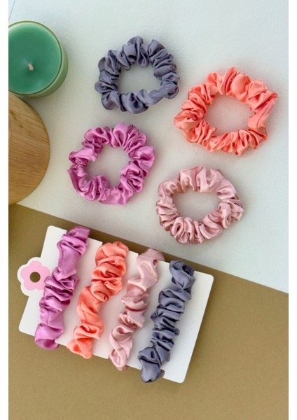 Kadın Saten Kumaş Küçük Scrunchie Simit 4'lü Toka Seti