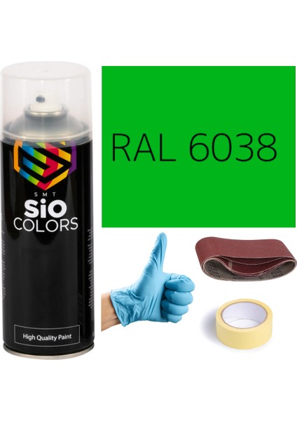 Akrilik Sprey Boya Yeşil RAL-6038 Boya Seti 400ML +Zımpara+Kağıt Bant+Eldiven