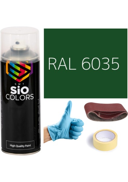 Akrilik Sprey Boya Yeşil RAL 6035 Boya Seti 400 ml + Zımpara Kağıt Bant Eldiven