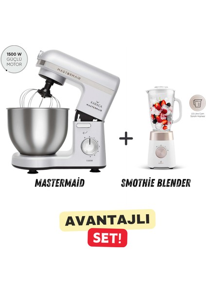 6 Hız Kademeli 5 Lt Geniş Hazneli Premium Chef Stand Mikser 1500W + 1,5lt Cam Hazneli Smothie Blender