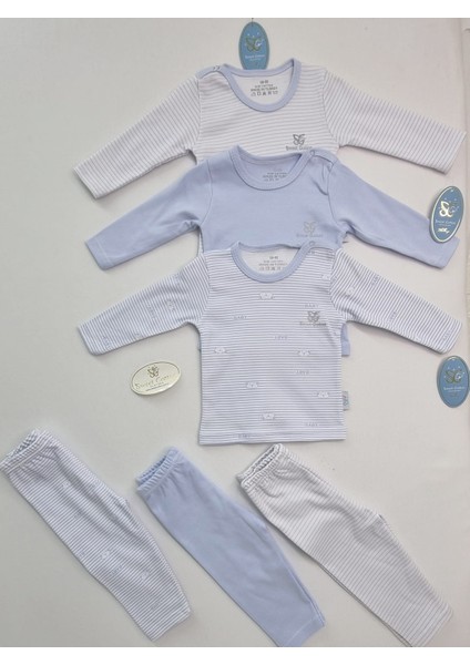 Bebek 3'lü Yumuşacık Pamuklu Çizgili Desenli Pijama Setleri Mavi