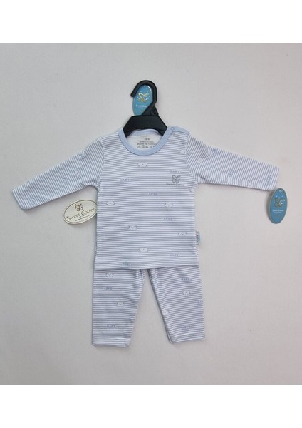 Bebek 3'lü Yumuşacık Pamuklu Çizgili Desenli Pijama Setleri Mavi
